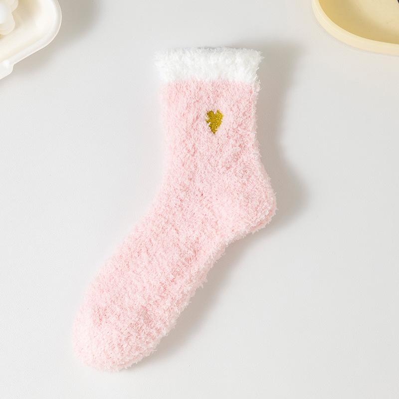 Embroidery love coral fleece women's socks autumn and winter thickened half fleece twist sleep socks