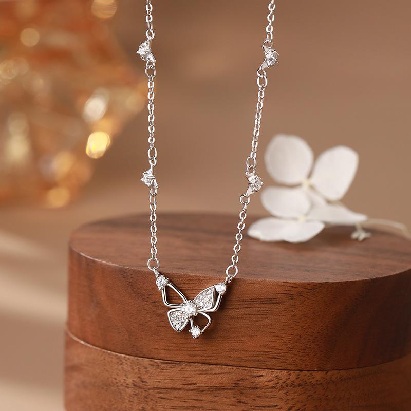 S999 Pure Silver Small Fresh Hollow Butterfly Necklace Sweet Literary Hundred Pagoda Temperament Sweet Collarbone Chain