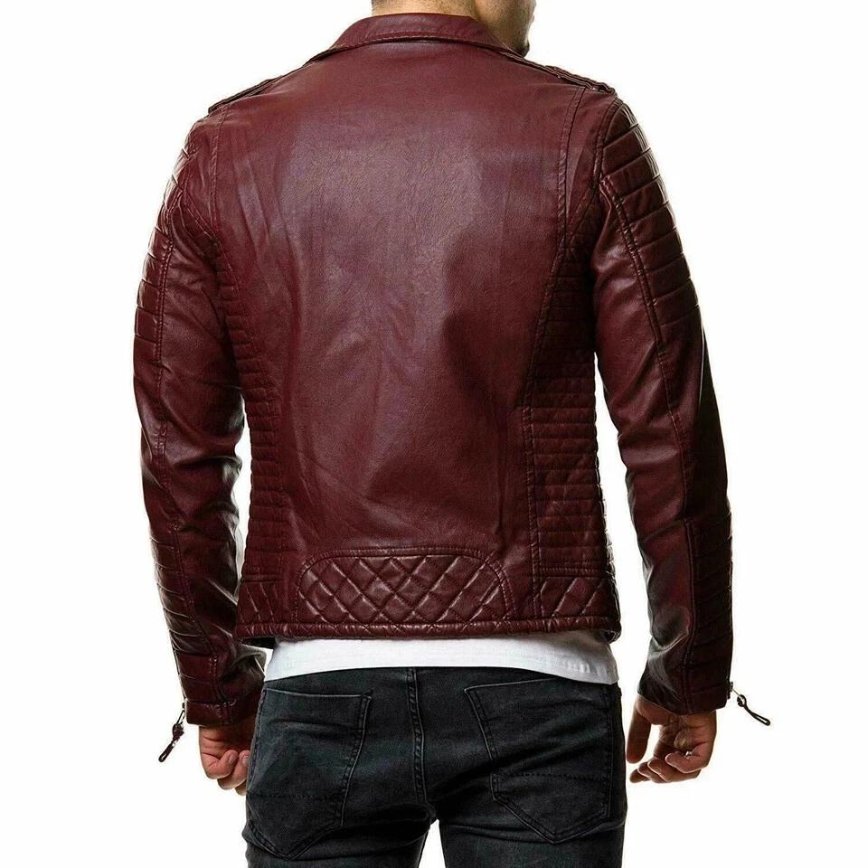 Genuine Lambskin Men's Jacket Burgundy Leather Handmade Stylish Motorcycle Fit
