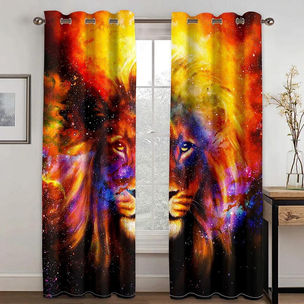 3D Digital Print Cheap Custom Animal Lion Tiger Two Thin Window Curtains for Living Room Bedroom Decor 2 Pieces