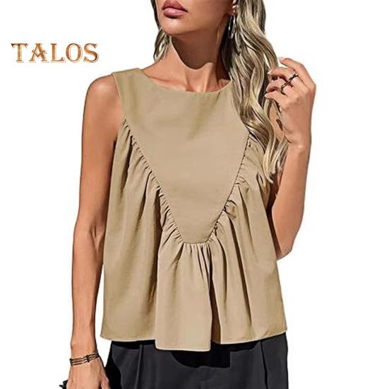 

Женский жилет для поездок на работу в повседневном стиле, однотонные свободные топы с круглым вырезом без рукавов, плиссированные майки S хаки