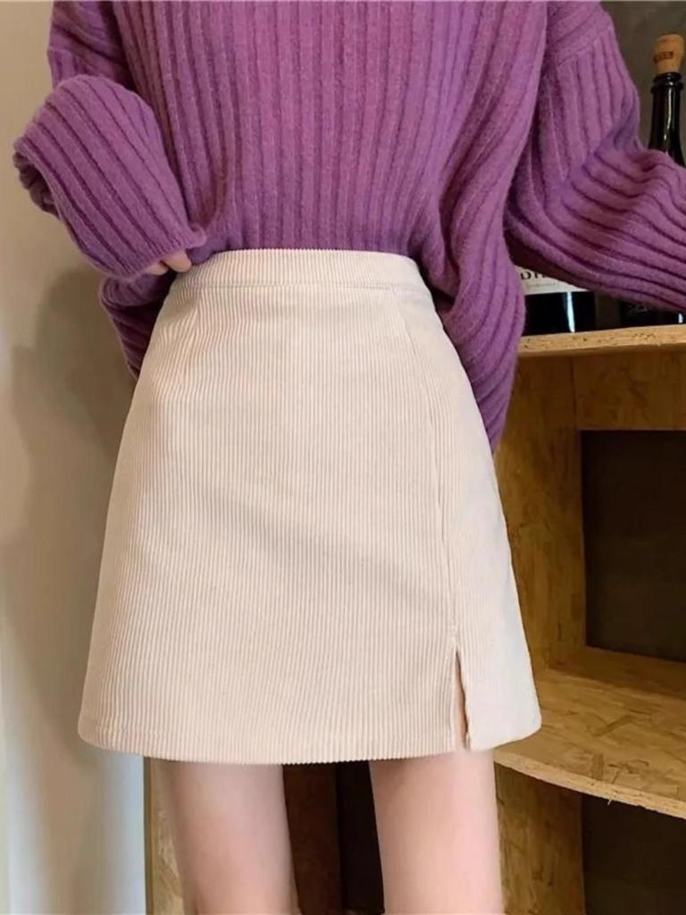 Women's High Waist Corduroy A-line Slit Bodycon Midi Skirt for Autumn/Winter