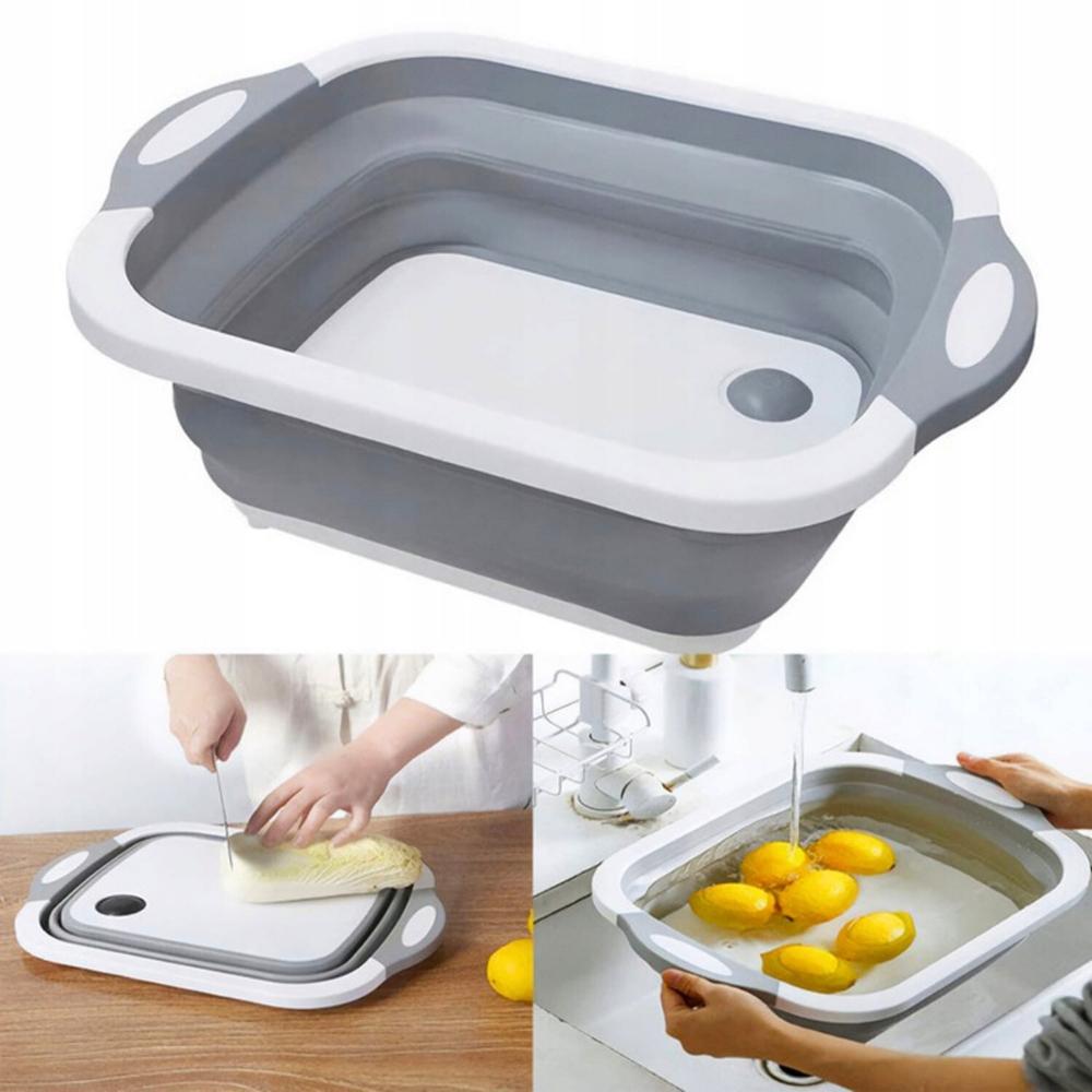 Foldable silicone bowl with drain, gray, for vegetables, laundry, 6l