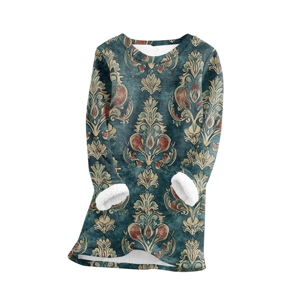 Women's Fashionable Printed Round Neck Long Sleeved Plush Warm Pullover Top