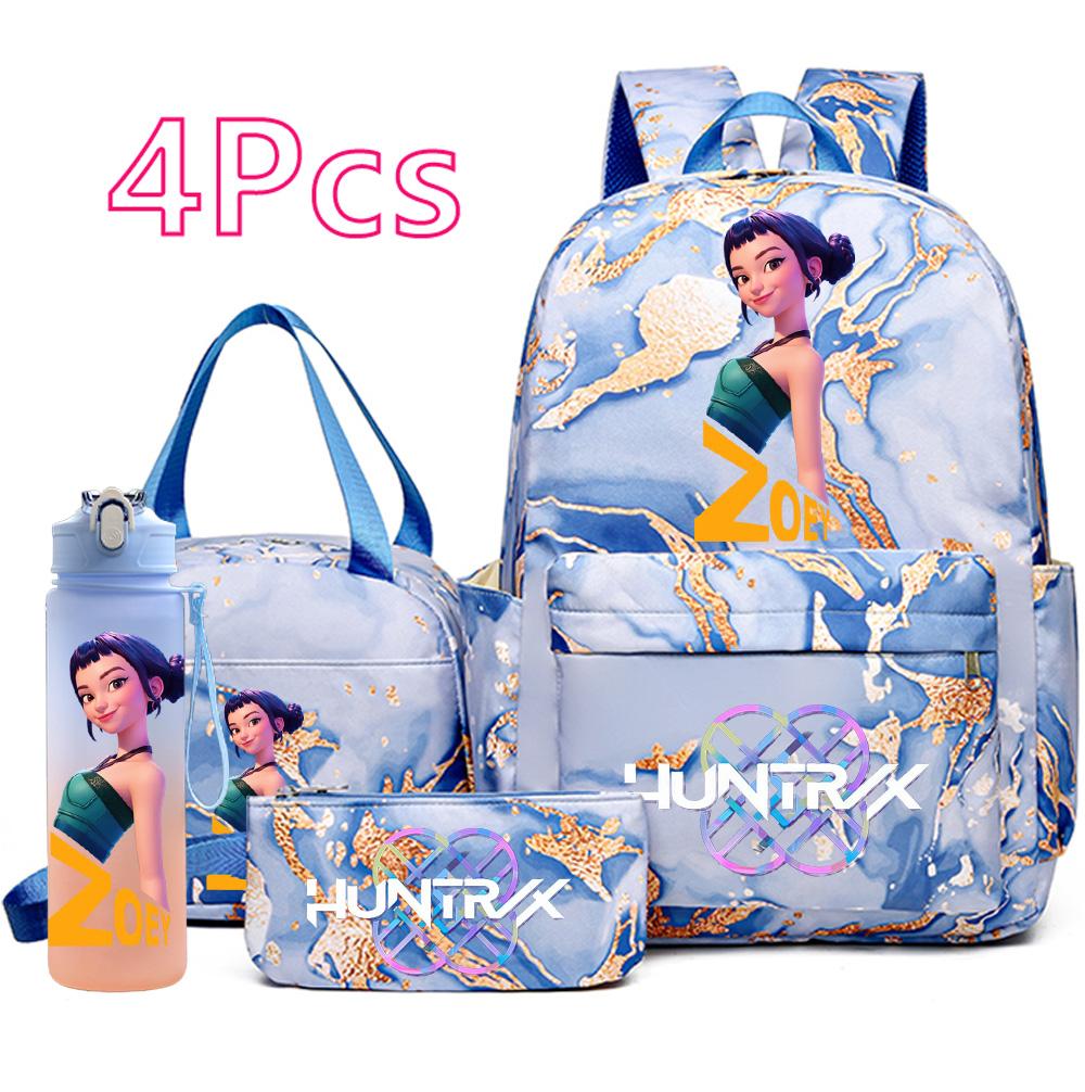 4 st/set K-Pop Tryckt Ryggsäck Handväska Pennfodral med 750 ml Vattenflaska för Tonårspojke Flicka Skolväska Student Stor Kapacitet Bokväska Barn Gåva
