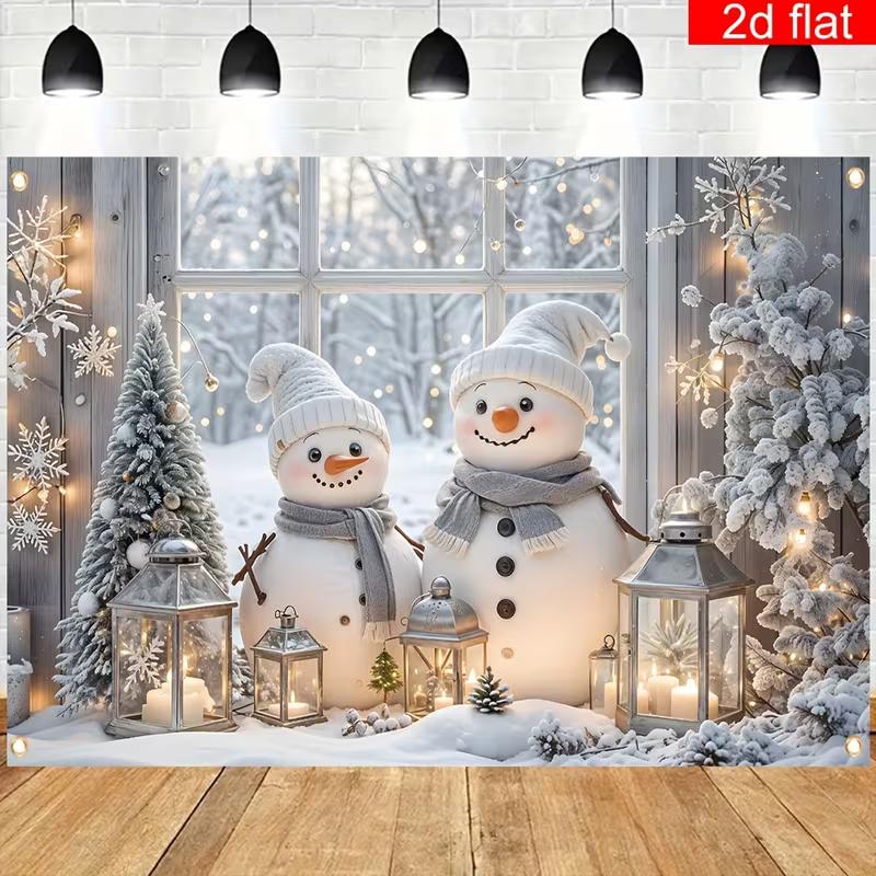 2D Cozy Winter Snowman Photo Background with Candles & Trees