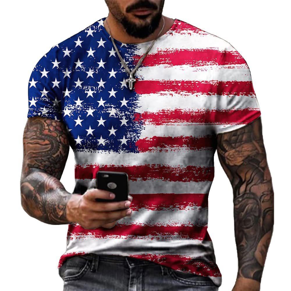 American Flag Pattern 3D Digital Printing Men's Fashionable Round Neck Short Sleeved T-shirt