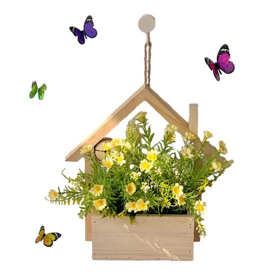 Wood Wall Planter with Artificial Plants, LED Lighted Rustic Farmhouse Wall Decor, Hanging Fake Plants Flowers Holder Vase for Bedroom Living Room