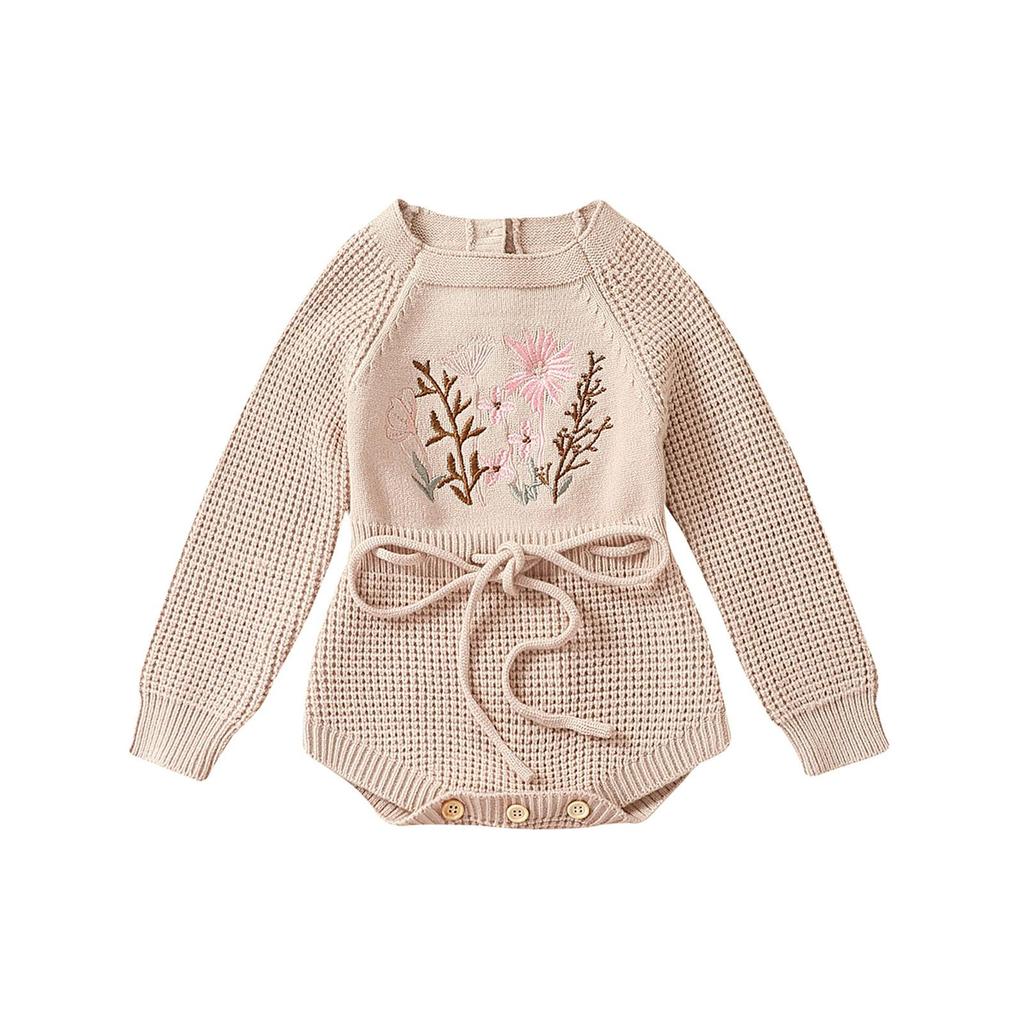 Baby Girls Waffle Sweater Rompers Flower Embroidery Crew Neck Long Sleeve Drawstring Infant Fall Toddler Clothes Bodysuits