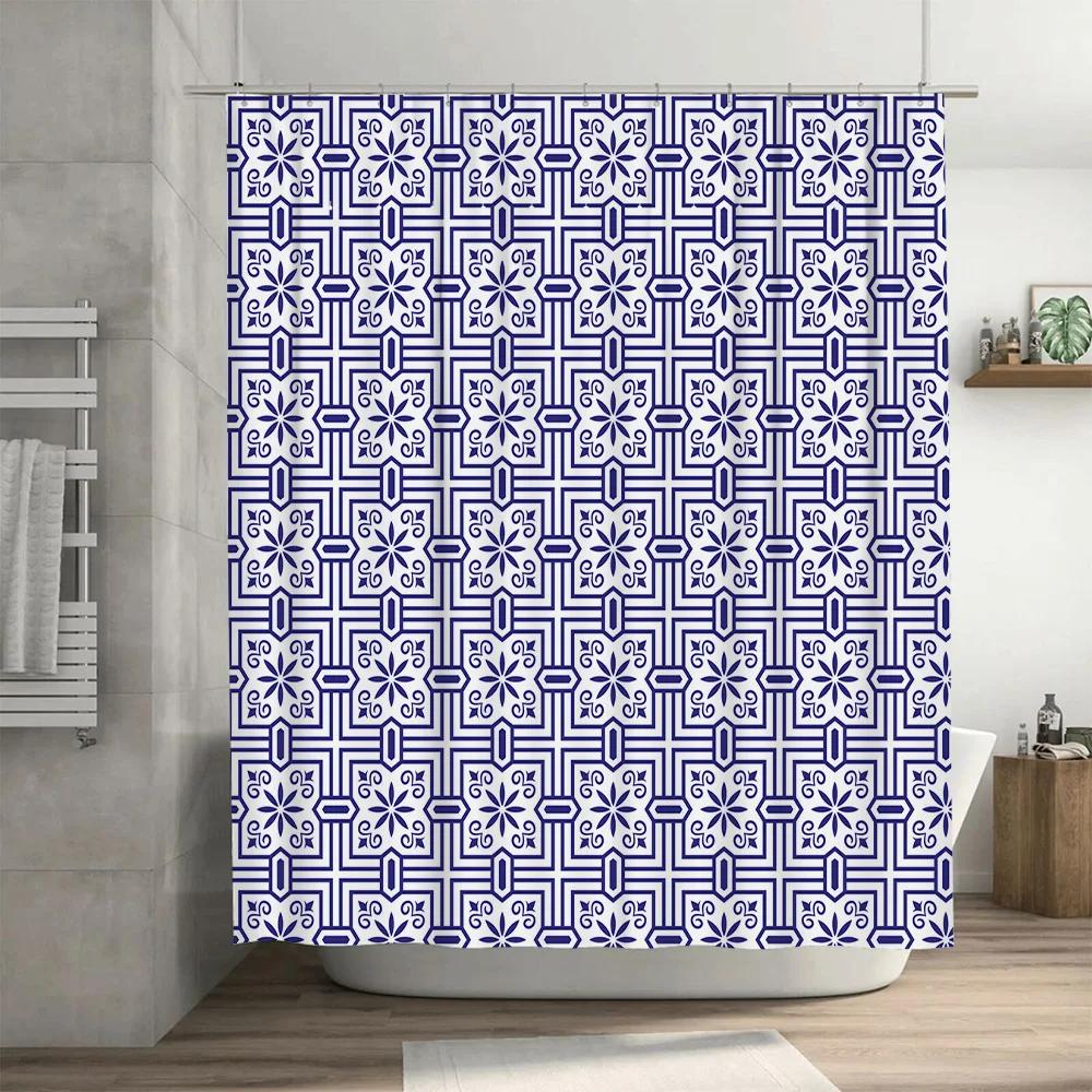 Blue White Tile Pattern Shower Curtain Waterproof Home Decor Bathroom Decoration 180x240cm TPU Material High Density Printing
