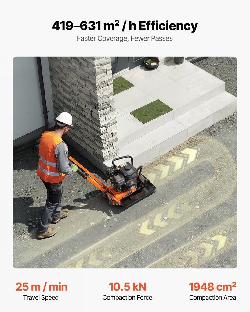 Plate Compactor, 6.5 HP 196CC Gas Engine, 5600 VPM Vibrating Ground Rammer, 10.5 kN Compaction Force, 51 X 37 Cm Plate, Walk Behind Compactor for