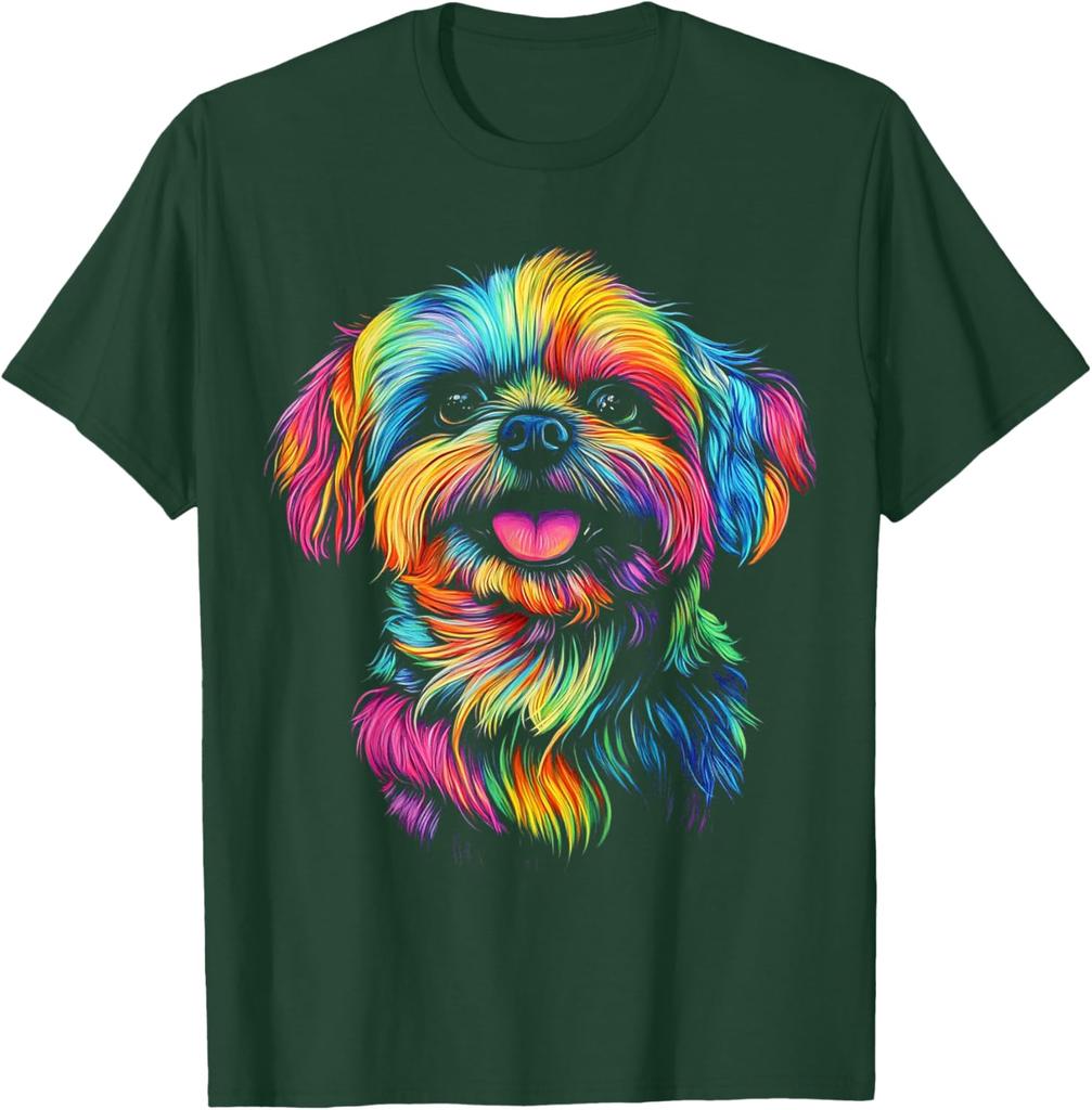 Rainbow Shih Tzu Dog Pop Art Print Casual Cotton Crew Neck Short Sleeve T-Shirt for Men