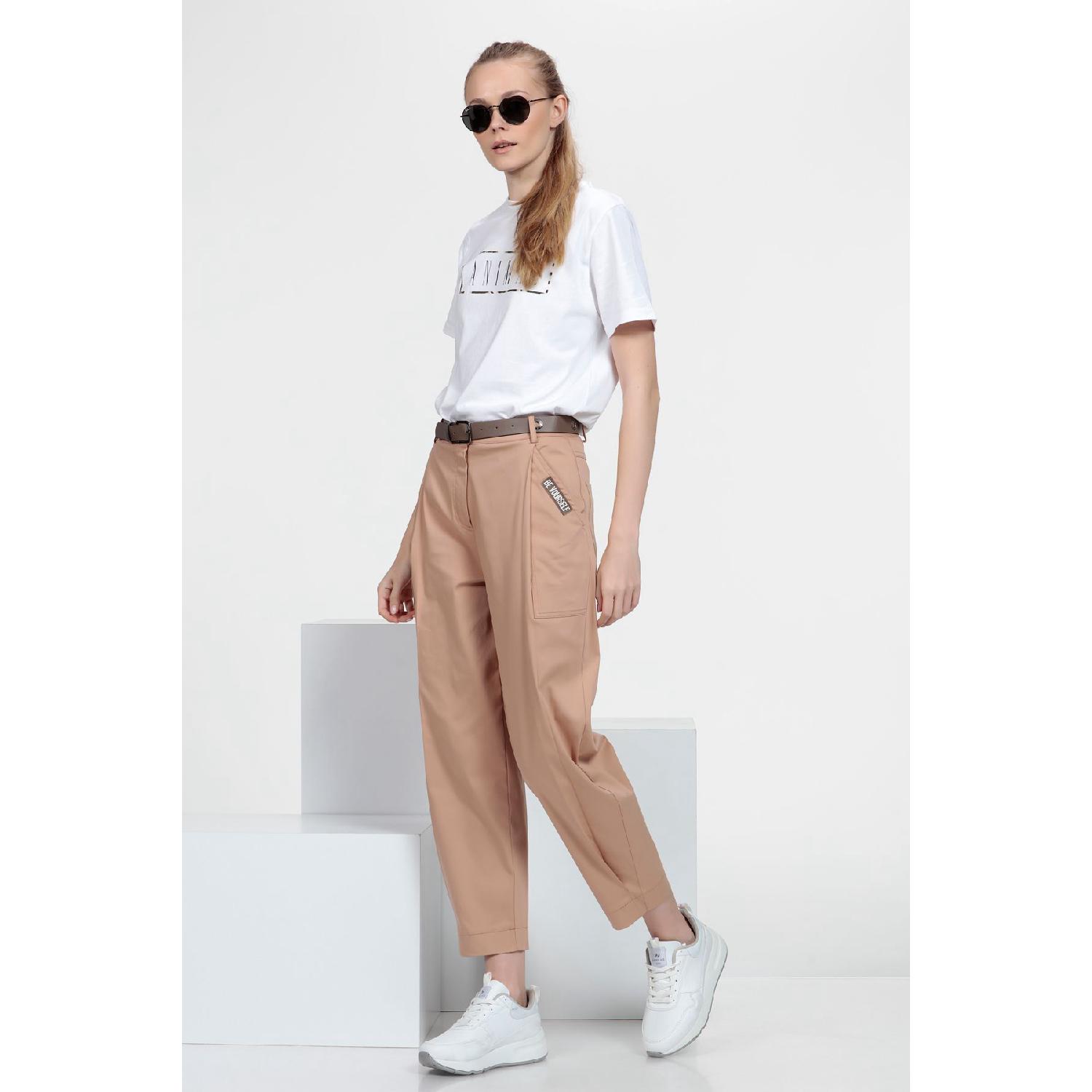 

Pocket Belted Pleated Fabric Trousers 38 ваниль