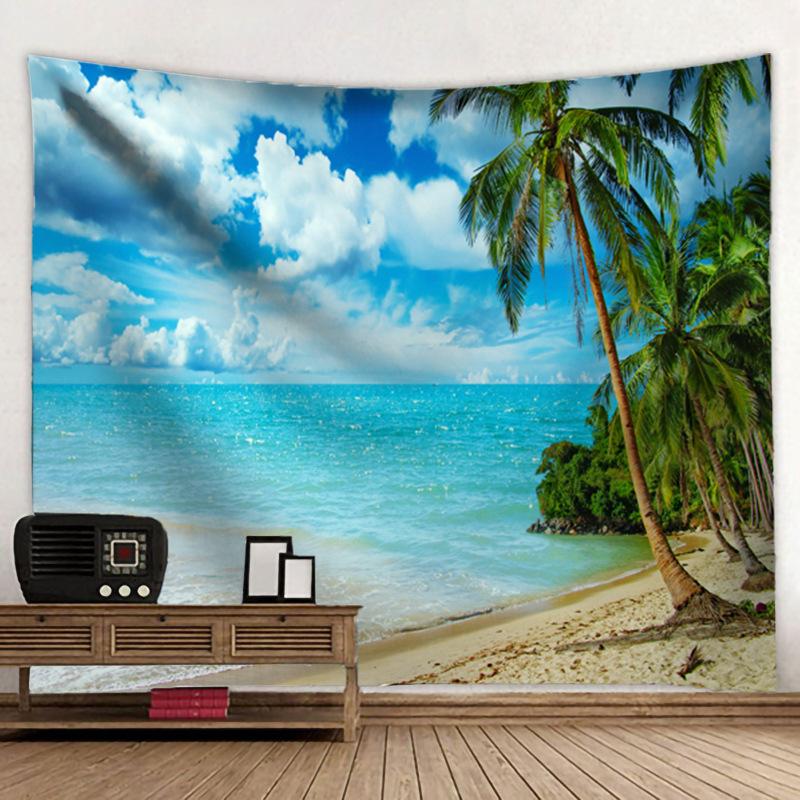 Krajina Palma Pláž Západ Slunce Tapiserie Nástěnný závěs Boho Potištěná tkanina Velký gobelín Estetický interiér koleje