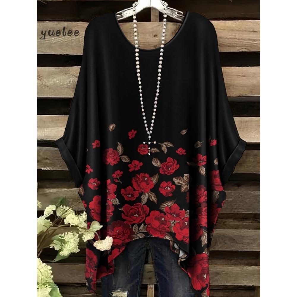 

Women s T-Shirt Colorful Floral Print Round Neck Top Irregular Hem Women Short Sleeve Plus Size Outdoor Casual Women s Clothing 5XL