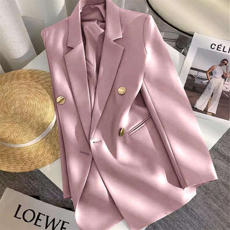 Women Long Sleeve Blazer Jacket Lapel Double Breasted Gold Button Loose Fit Office Casual Suit Outerwear Coat