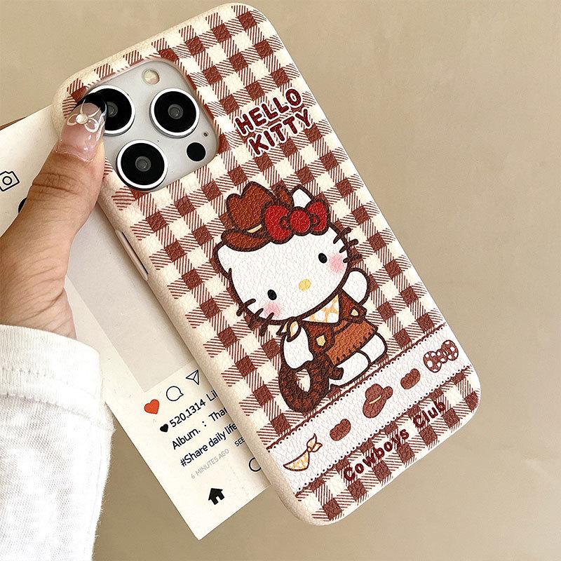 New Checked Denim Kt Cat Suitable for Iphone16promax Leather Pattern Apple 15 Protective Cover 14