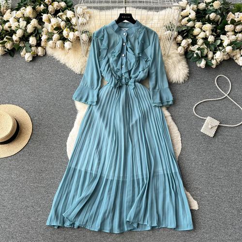 

Элегантное шифоновое платье с воротником-стойкой, новое летнее платье со рюшами и длинными рукавами для женщин Y2k, сексуальное платье с тонкой талией, Vestidos Mujer One Size синий