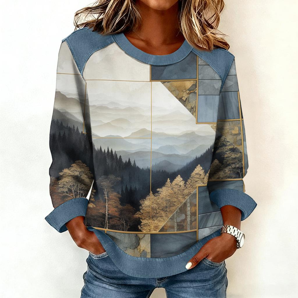 Dames sweatshirt met denim kraag en patchworkstiksels, casual trui met lange mouwen.