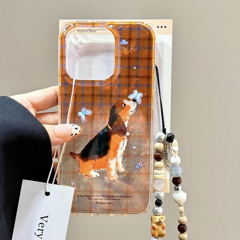 

Brown Lustre Lining Phone Case for Samsung Galaxy S25 S24 Ultra S23 Plus S22 S21 FE A51 A30S Dog&Butterfly Cartoon With Lanyard Samsung A50 A30S