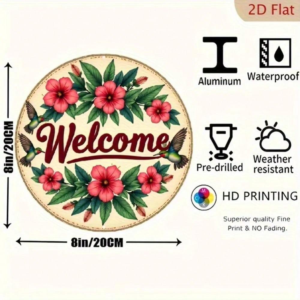 Pink Green Floral Hummingbird Metal Wall Art Welcome Sign Waterproof Aluminum Round Rustic Decor