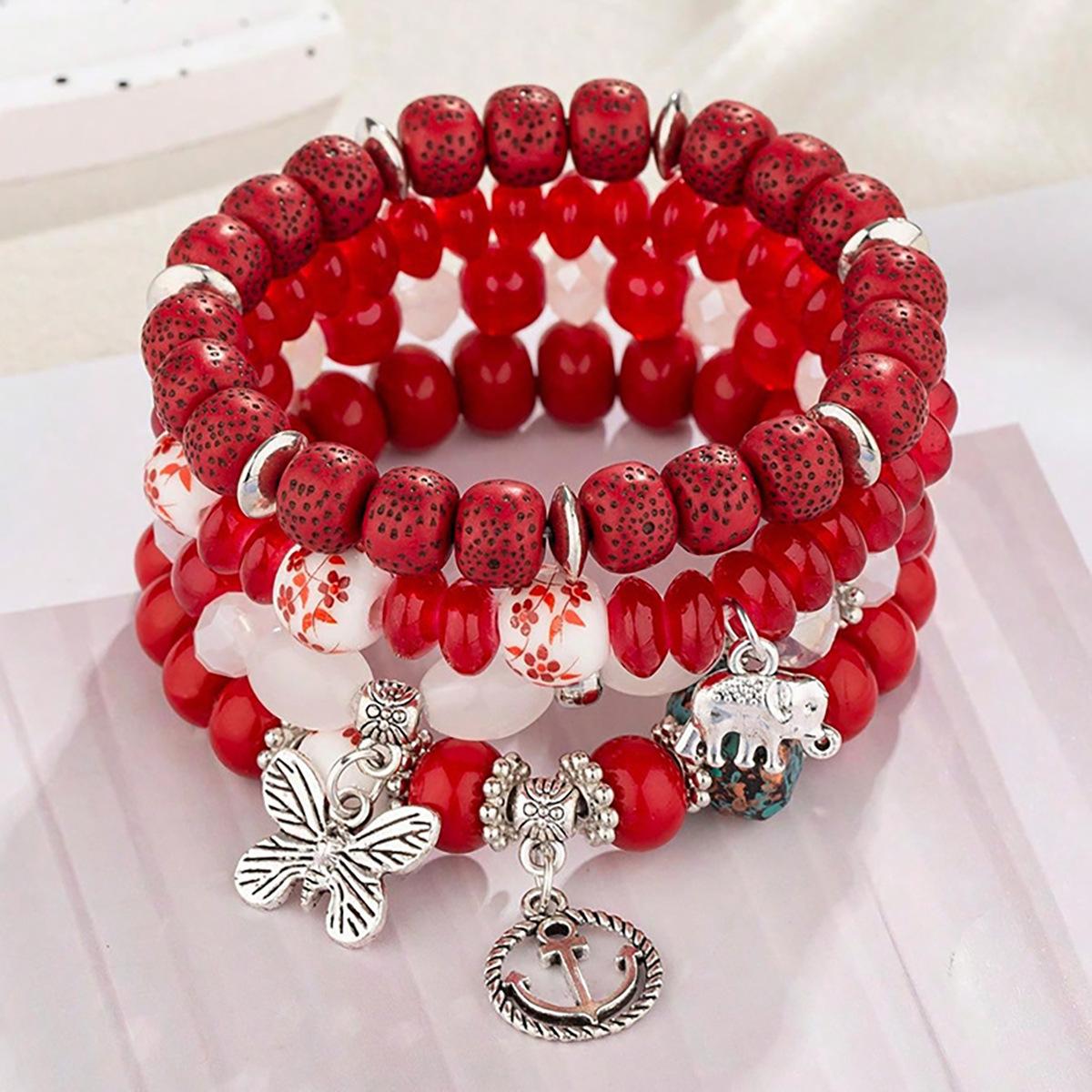 

Богемный Китайский Стиль Бабочка Слон Якорь Многослойный Браслет из Бусин Женский красный