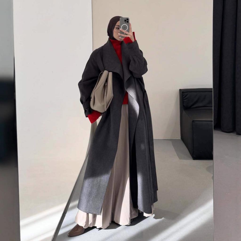 2025 Cross-border European & American Autumn New Cardigan Elegant A-Line Long Skirt Waist-Cinching Large Lapel Lazy Long Trench Coat
