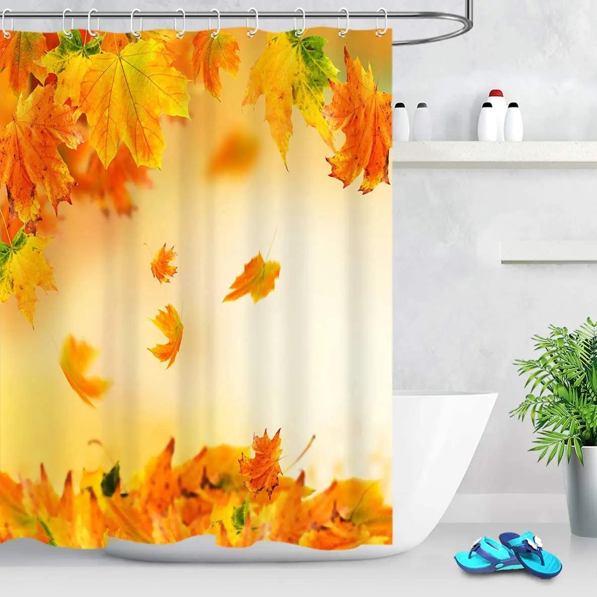 Autumn Fall Shower Curtains Romantic Fall Season Decor Falling Off Orange Red Maple Leaves Warm Scene Fall Home Bathroom Screens W90XH180cm