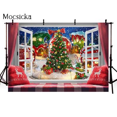 Mocsicka Christmas Tree Photography Background Winter Window House Decorations Family Party Child Kids Portrait Photo