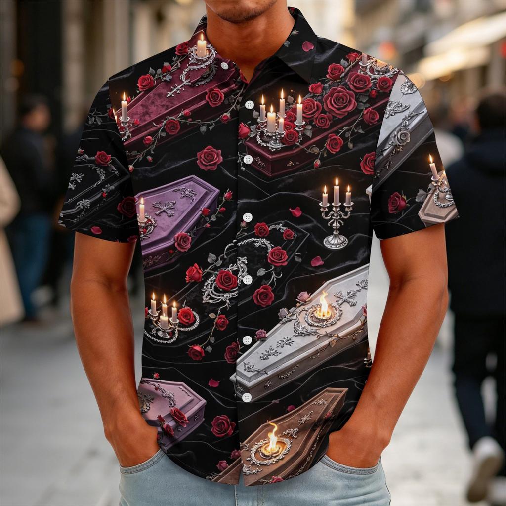Men's Halloween Print Vintage Button Down Cardigan Shirt - Loose Fit Breathable Summer Casual Streetwear Top