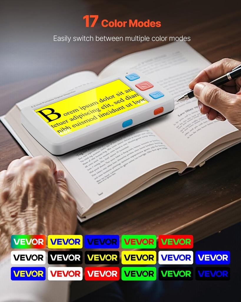 Portable Digital Magnifier, 127mm HD Electronic Video Magnifier for Low Version, 4X - 32X Zoom Electronic Reading Aid with 17 Color Mode, AV Output,