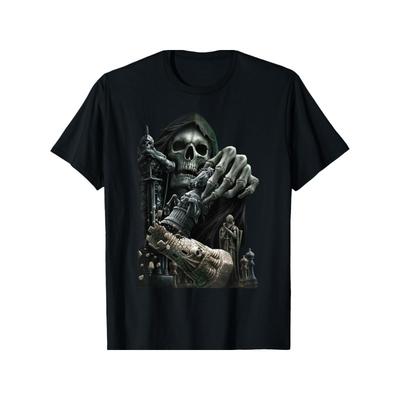 Europäische Größen Humorvolles Schach Sensenmann Schädel Stilvolles Gothic Geschenk T-Shirt für Schachliebhaber, Reguläre Passform