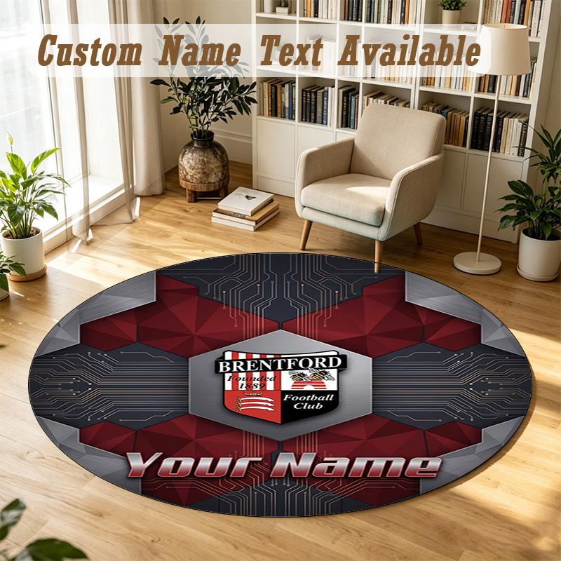 Round Rug Custom NameBrentford Football Pattern Non Slip Carpet Home Floor Decor
