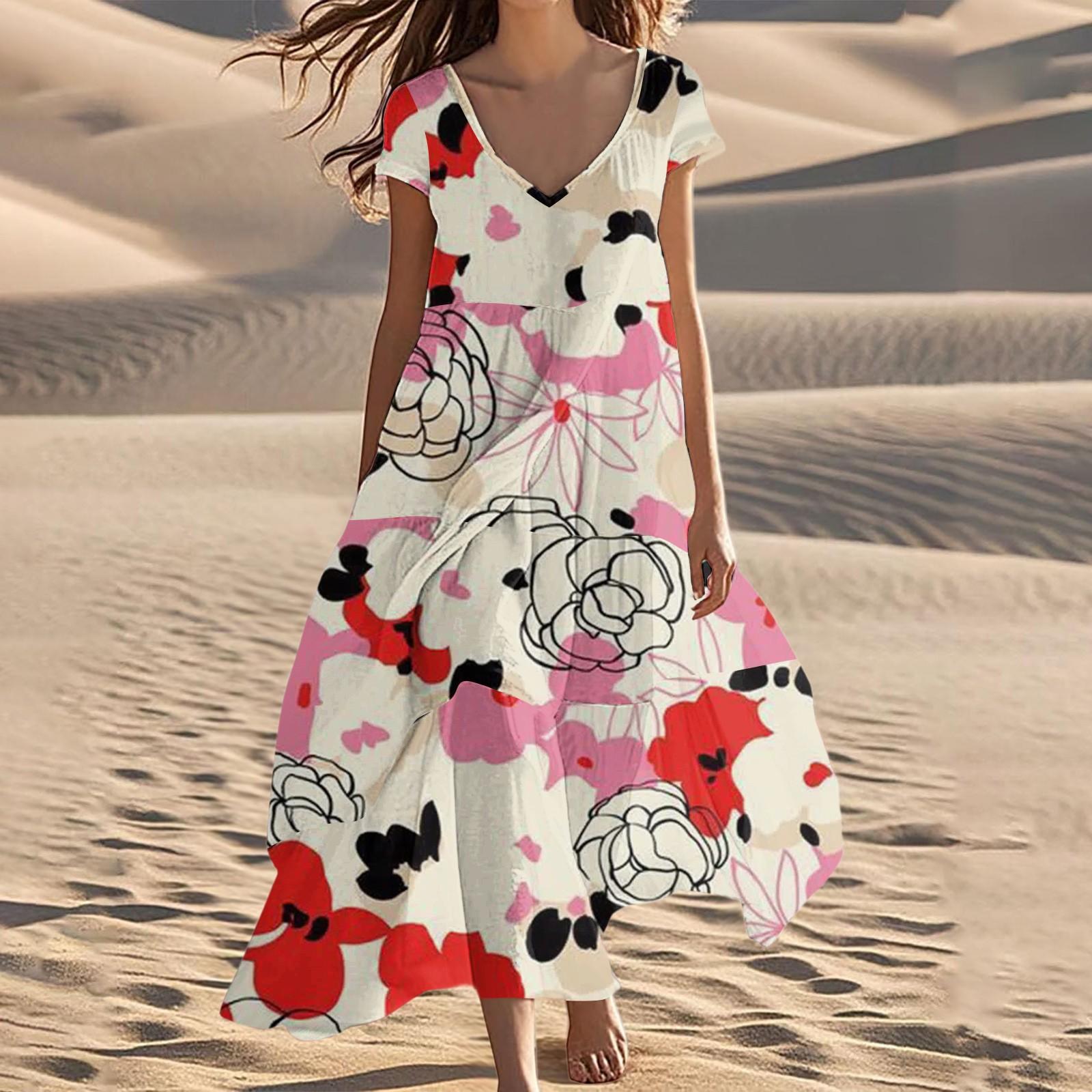 

Женские летние модные пляжные платья с V-образным вырезом и коротким рукавом с цветочным принтом L красный