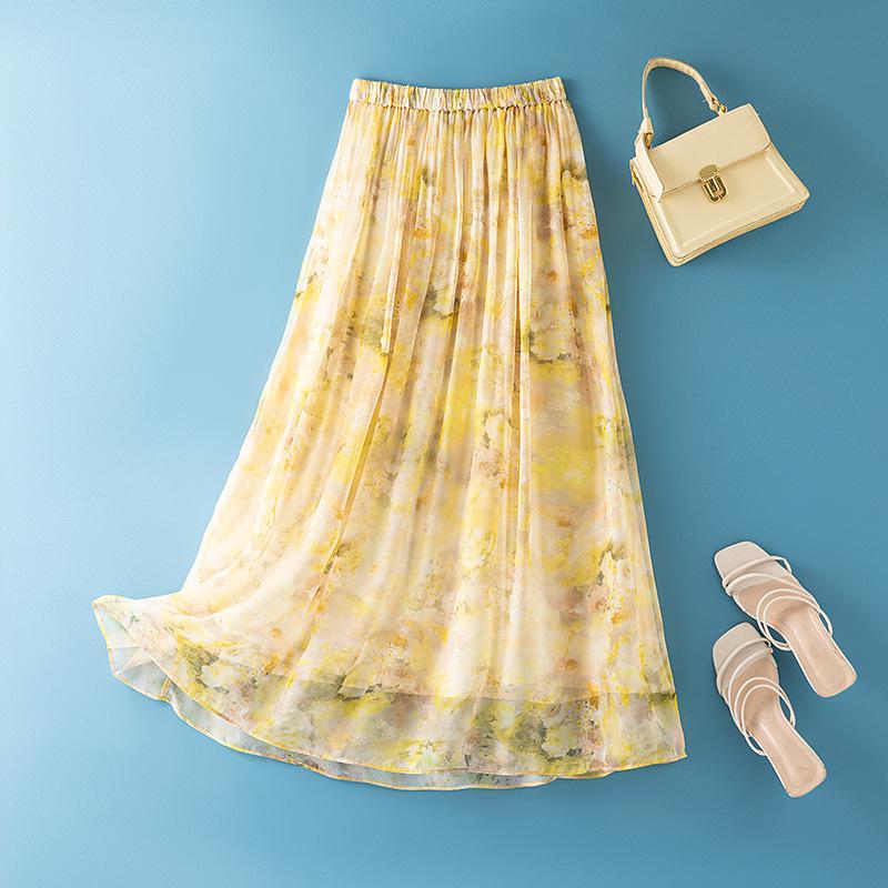Женская весенняя богемная юбка-миди А-силуэта с высокой талией из тутового шелка Medium