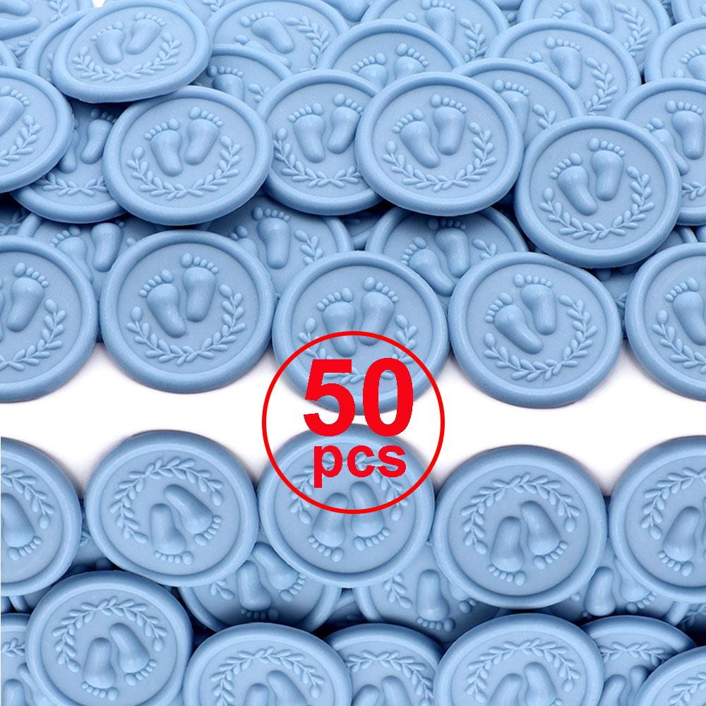 

50pcs 3D Footprints Wax Seal Stickers - Round Blue Self-Adhesive White Seals, for Wedding Invitations, Gift Wrapping Decals