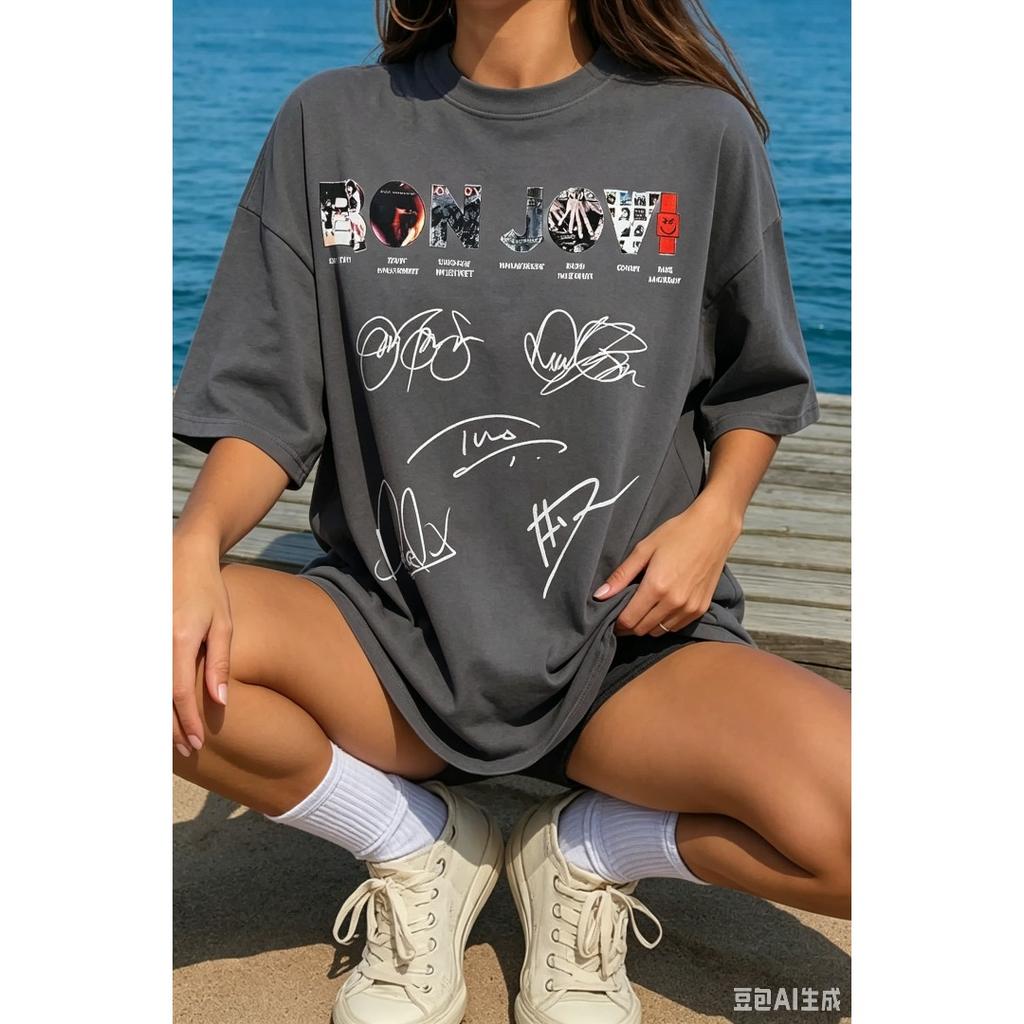 American Rock Band T-shirt Bon Jovi Print Women Men Crewneck Streetwear Oversized Y2k Short Sleeves Loose Comfortable Female Male Clothing