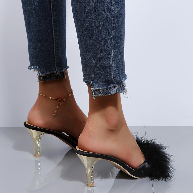 Classic Slides Slippers for Women Casual Strange High Heels Shoes for Women Solid Fur Leather Slip on Summer Slippers Plus Size