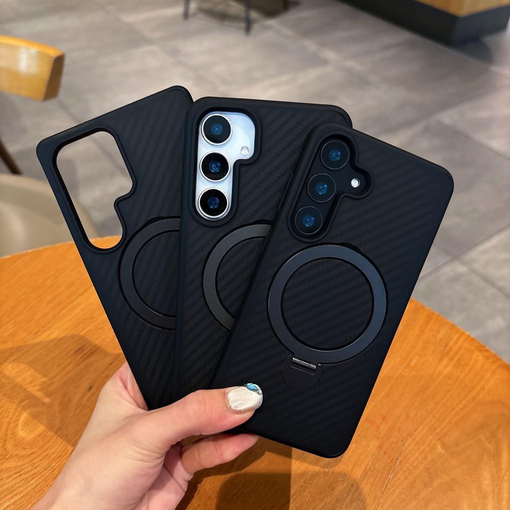 Carbon Fiber Pattern Phone Case for Samsung Galaxy S25Ultra/S25Plus/S25/S24Ultra/S24Plus/S24- PC Hard Shell Ring Foldable Metal Stand Shockproof