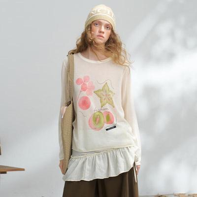 Women's Korean-Style Printed Knitted Long-Sleeve T-Shirt