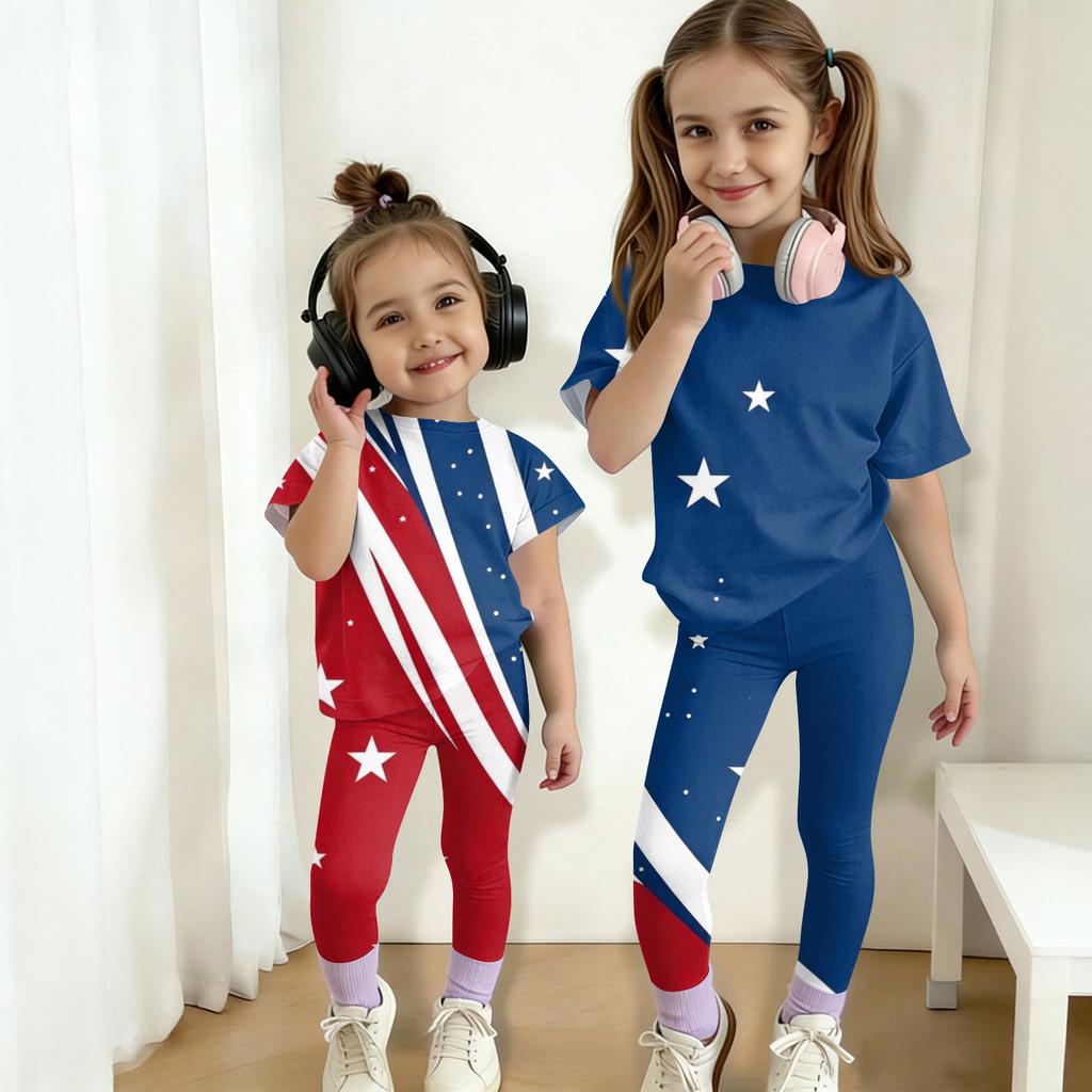 Boys And Girls Independence Day Print Set Kids Casual Short Sleeve Top And Long Pants Set