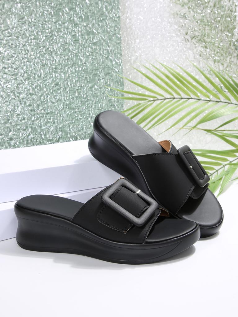 Korean simple solid color square buckle wedge slippers women wear new women's shoes Bohemian one-word slippers