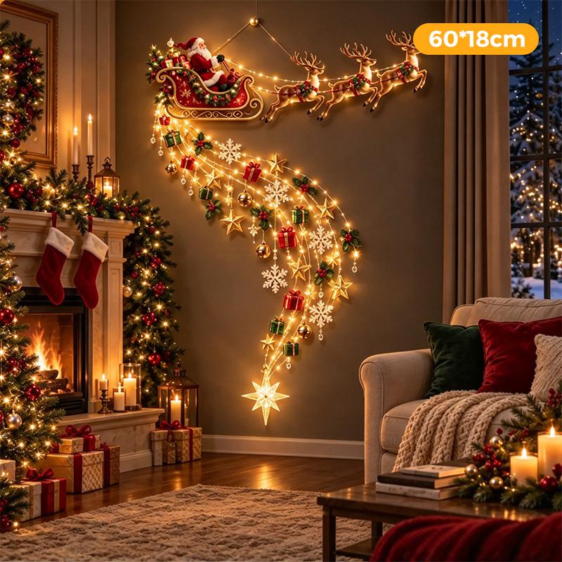 Weihnachts-Magie-Pfad Wandleuchte - LED leuchtende Weihnachtsszene Wanddekoration, Weihnachtsmann Schlitten Rentier Hängedekoration für Party