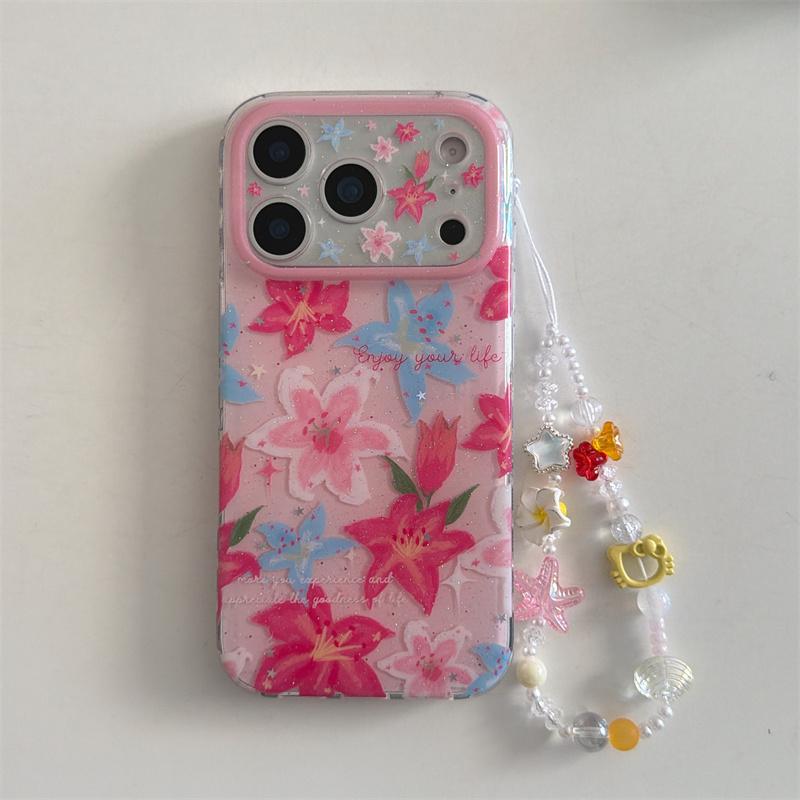 Kawaii Pink Blue Lily Floral Glitter Phone Case With Colorful Beaded Wrist Strap For iPhone 14 15 16 17 Pro Max INS Sweet Style