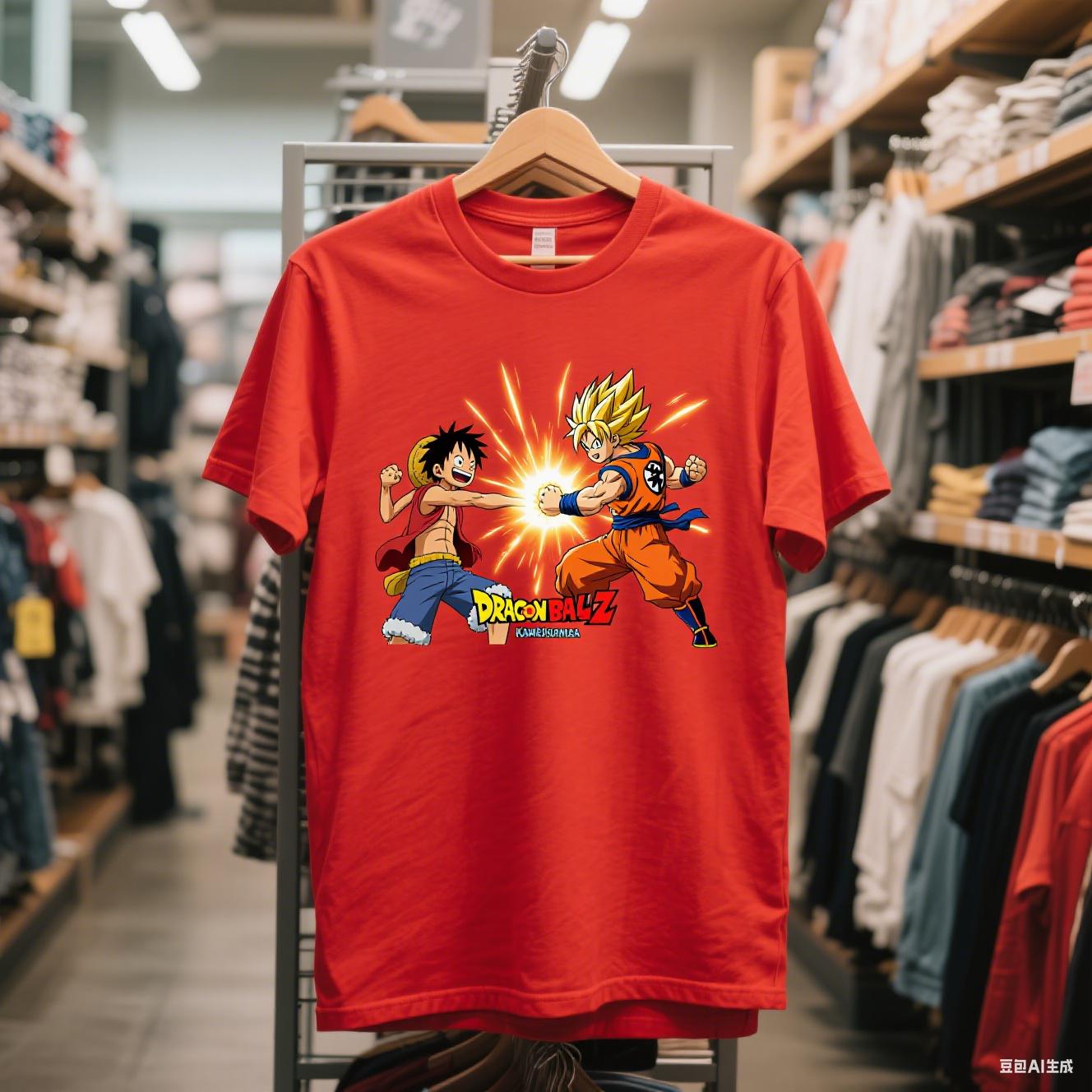 

anime Graphic T Shirt for Men Dual Heroes Luffy Vs Goku One Piece Dragon Ballpower Clash Design Summer Cross Series Cartoon S
