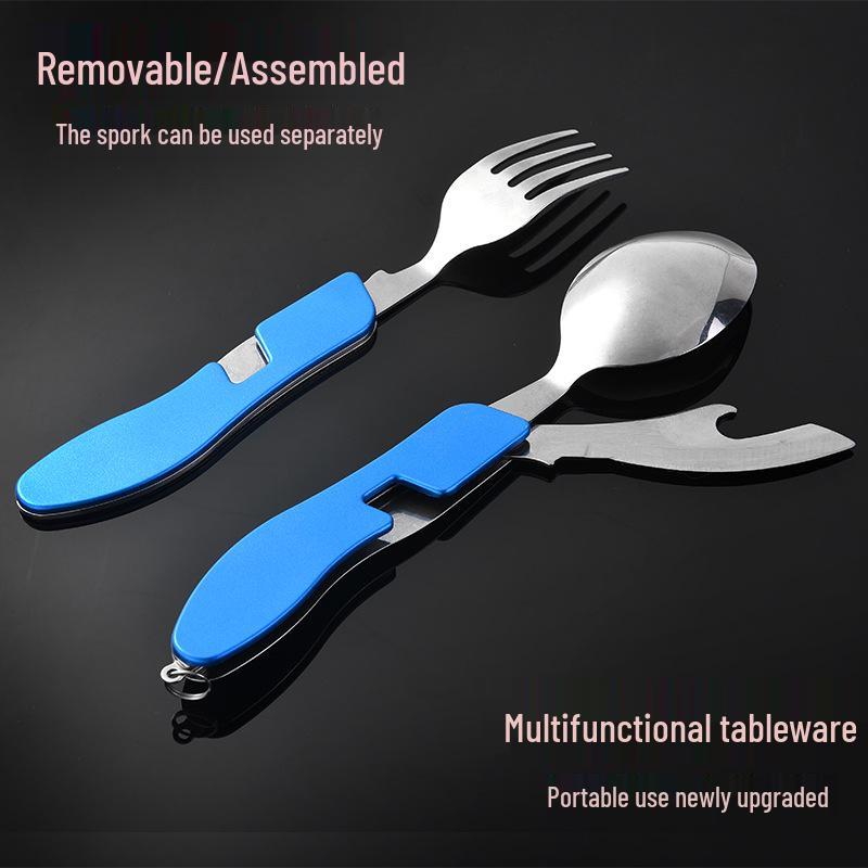 Camping Multifunctional Stainless Steel Cutlery Set: Folding Knife, Fork, and Spoon.