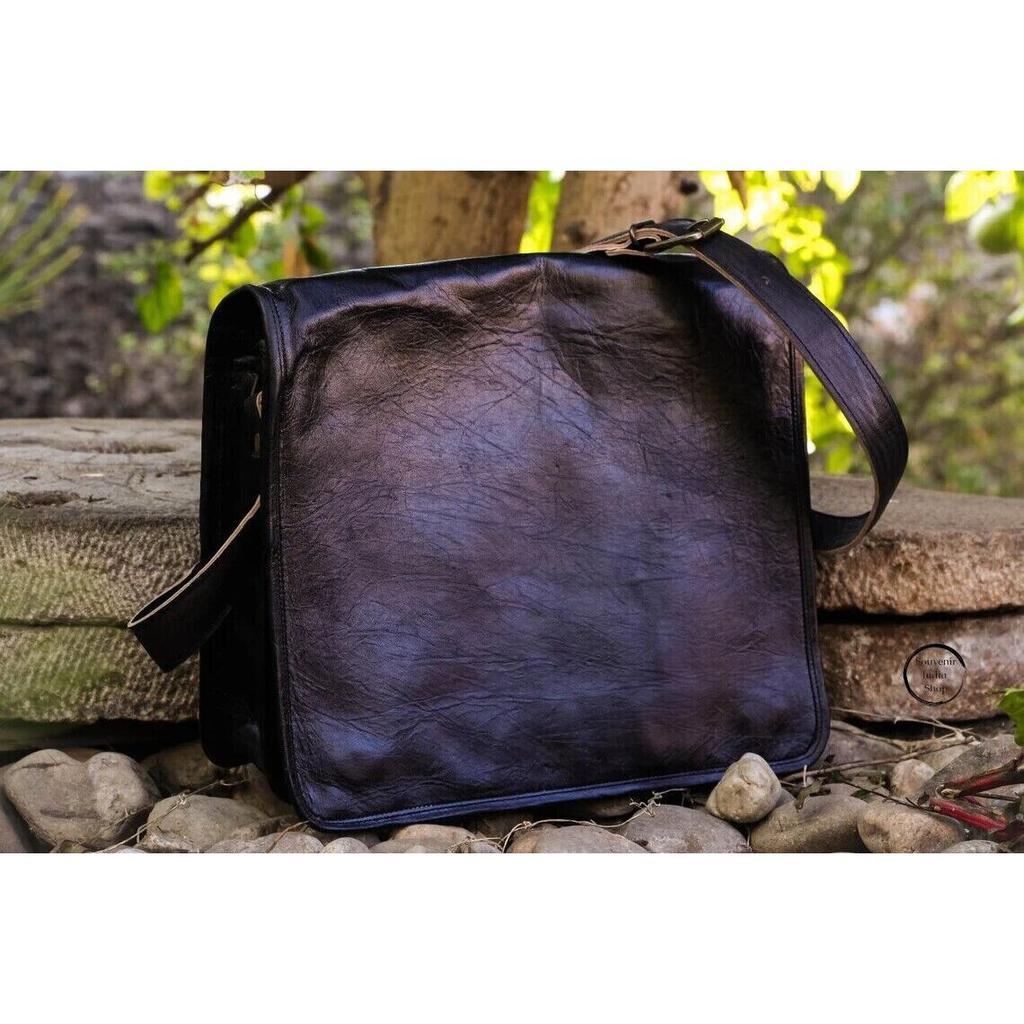 Herren-Laptop-Kuriertasche, Aktentasche, Umhängetasche aus echtem schwarzem Leder im Vintage-Stil