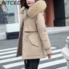 BITCED Women's Winter Mid-Length Cotton Coat with Fleece Lining, Large Fur Collar, Plus Size, Short Waist-Defining Jacket