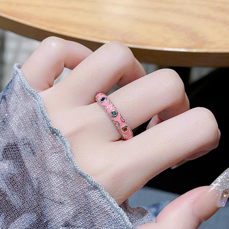 Retro Filigree Enamel Colorful Zircon Ring, Women'S High-End Sense Of Cuteness, Wind Temperament White Opening Adjustable Ring