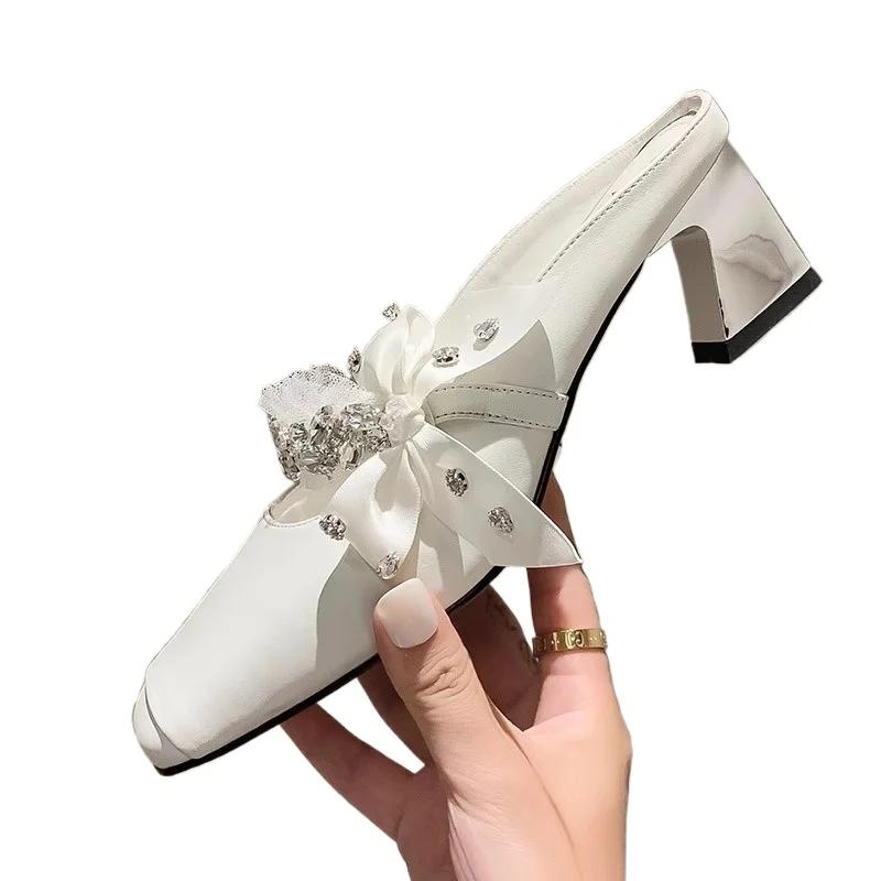Fashion Female Shoes on Sale 2025 Fashion Closed Toe Women's Slippers Elegant Rhinestones Bow Tie Sandals Outdoor Daily Dress Slippers